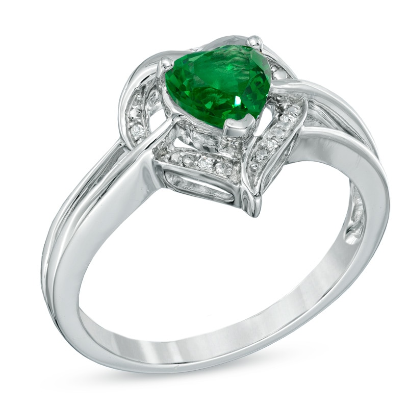 Main Image 2 of 6.0mm Heart-Shaped Lab-Created Emerald and Diamond Accent Ring in Sterling Silver