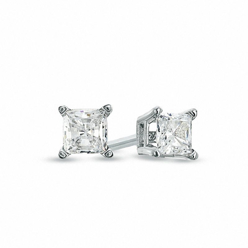 Main Image 1 of Celebration Ideal 1/2 CT. T.W. Princess-Cut Certified Diamond Solitaire Stud Earrings in 14K White Gold (K/I1)