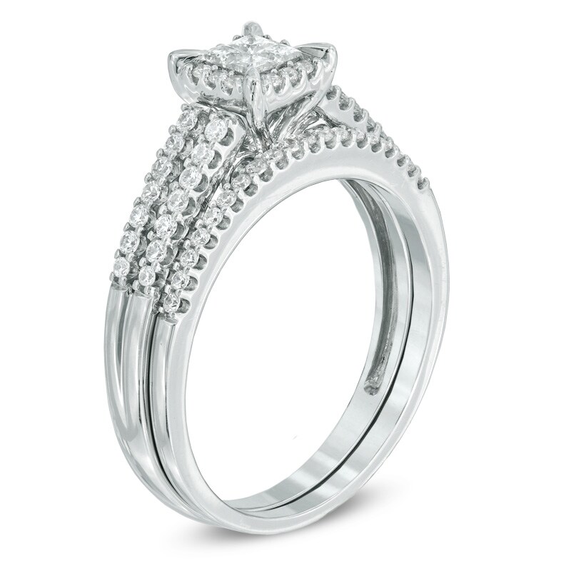 Main Image 2 of 1/2 CT. T.W. Princess-Cut Quad Diamond Frame Bridal Set in 10K White Gold