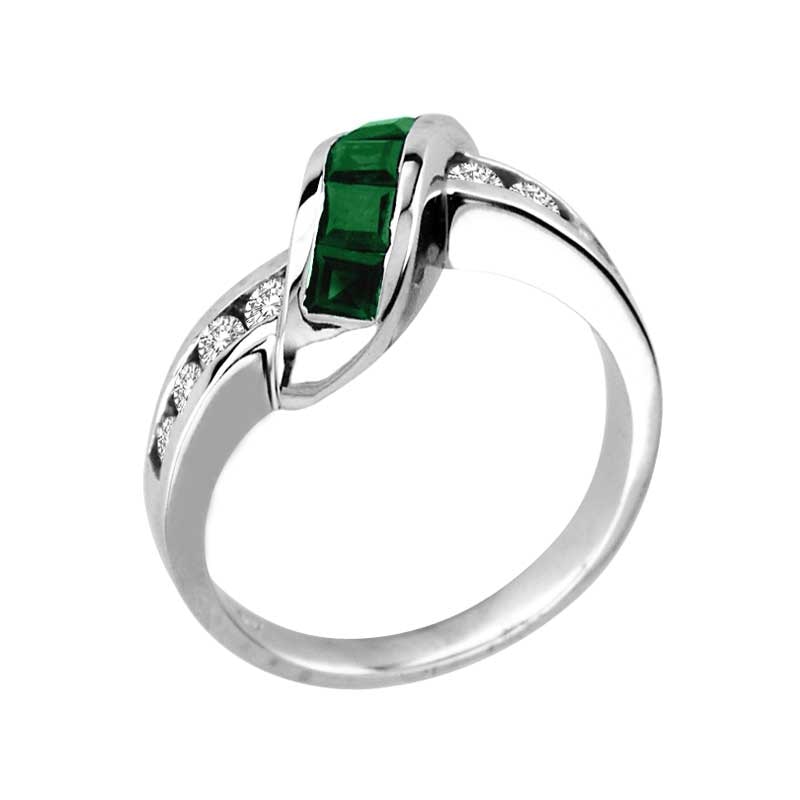 Princess-Cut Emerald and 1/3 CT. T.W. Diamond Slant Ring in 14K White Gold