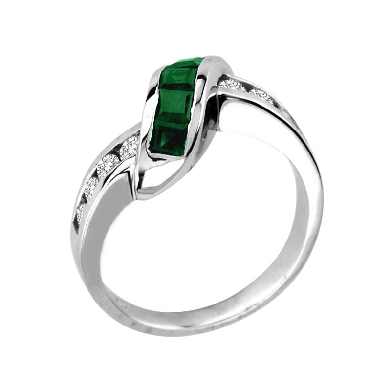 Main Image 2 of Princess-Cut Emerald and 1/3 CT. T.W. Diamond Slant Ring in 14K White Gold