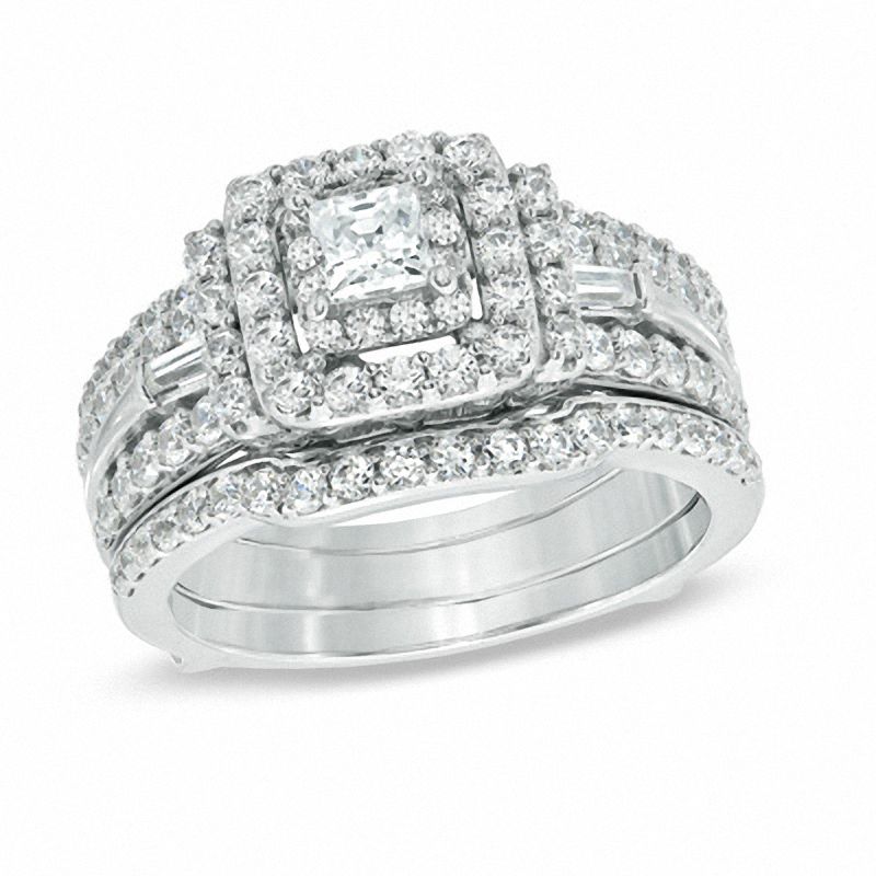 Main Image 1 of 1-1/2 CT. T.W. Princess-Cut Diamond Double Frame Bridal Set in 14K White Gold