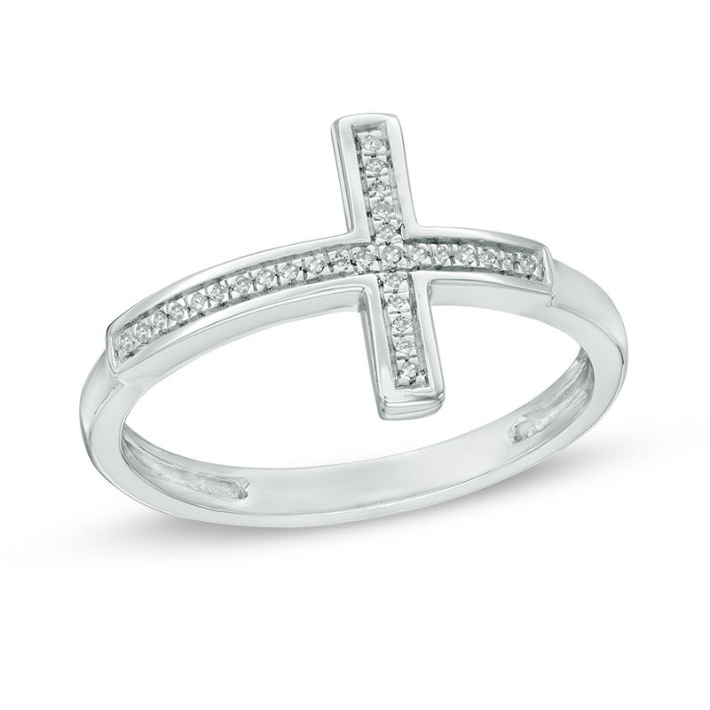 Main Image 1 of 1/20 CT. T.W. Diamond Lined Sideways Cross Ring in Sterling Silver