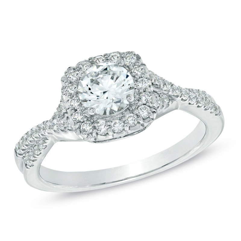 Celebration Ideal 1 CT. T.W. Diamond Frame Twist Shank Engagement Ring in 14K White Gold (I/I1)