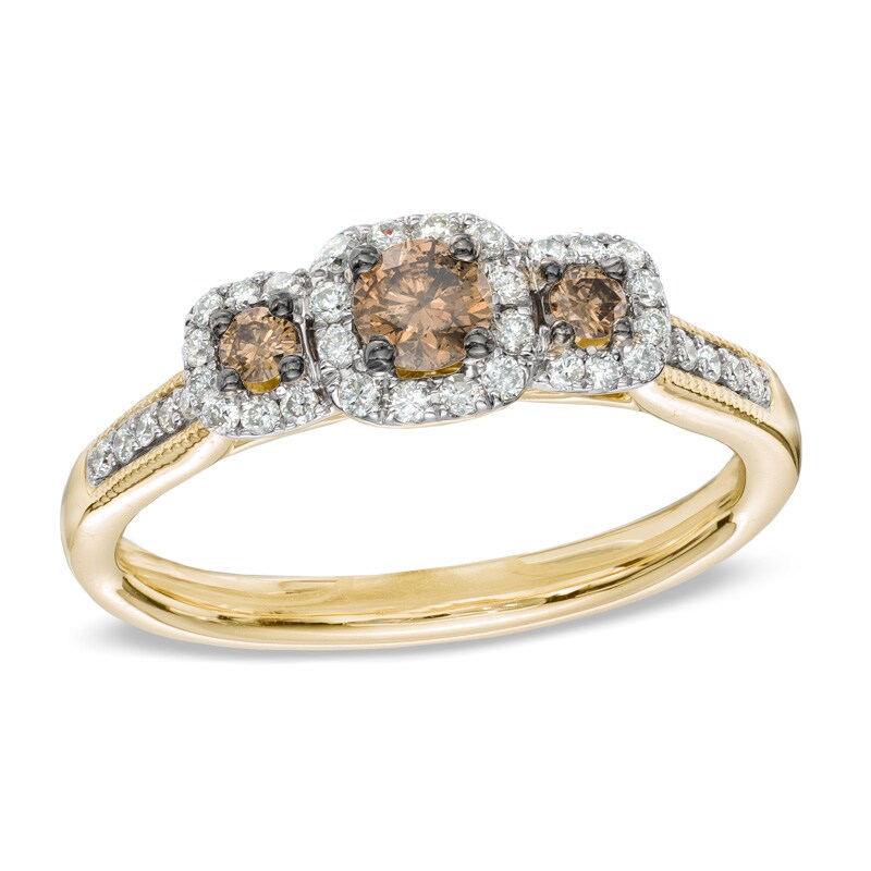 Main Image 1 of 1/2 CT. T.W. Champagne and White Diamond Three Stone Frame Ring in 14K Gold