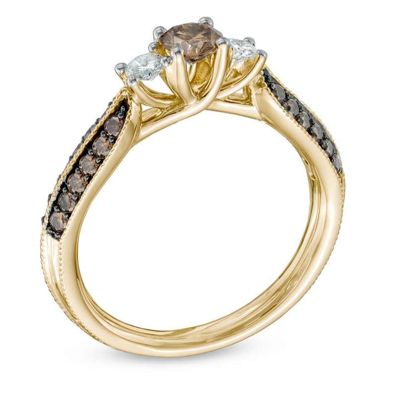 3/4 CT. T.W. Champagne and White Diamond Three Stone Engagement Ring in 14K Gold