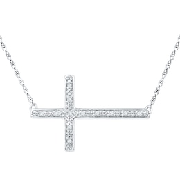 Sterling Silver 1/20 CT. T.W. Diamond Sideways Cross Pendant - 18"
