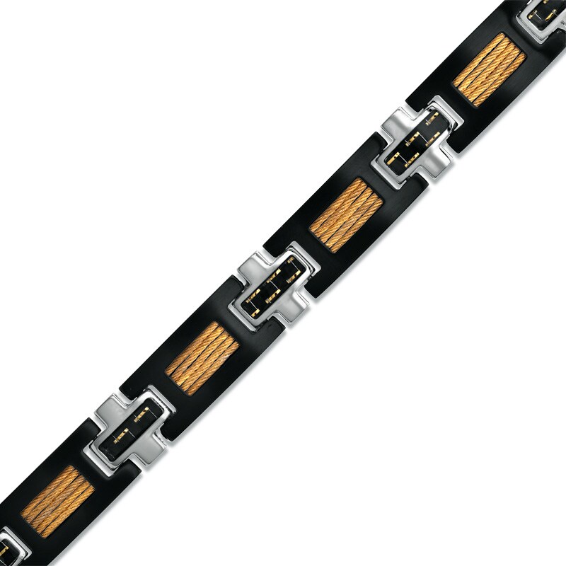 Main Image 1 of Carbon Fiber and Cable Bracelet in Tri-Tone Stainless Steel - 8.5"