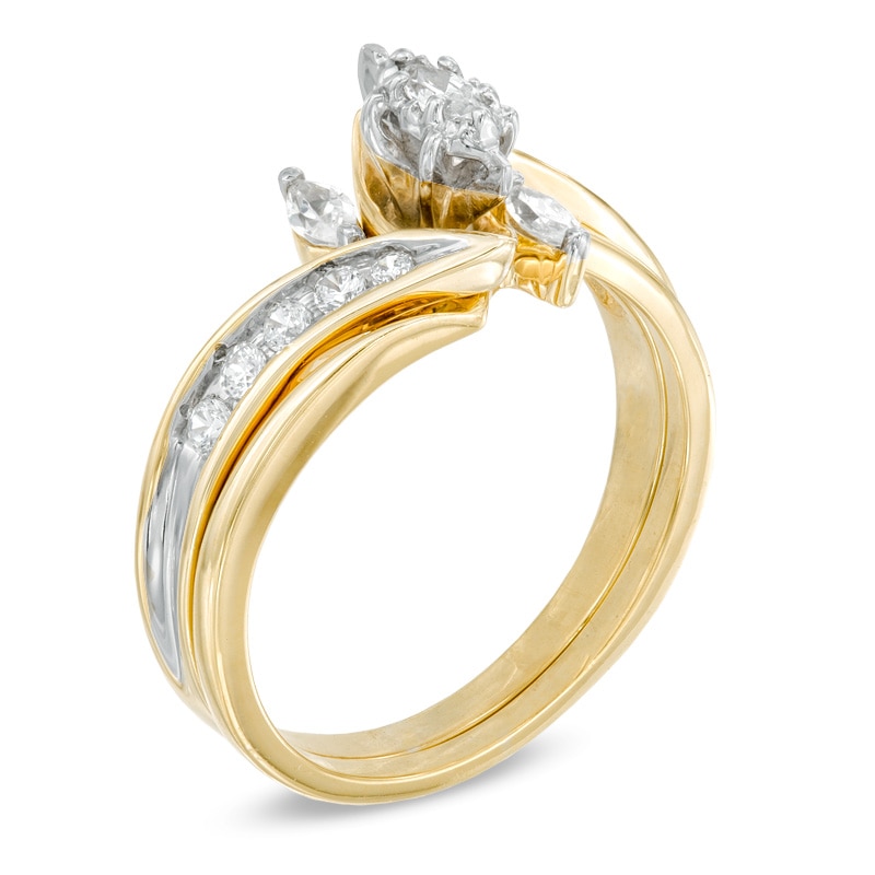 Main Image 2 of 1/2 CT. T.W. Marquise Diamond Three Stone Slant Bridal Set in 10K Gold
