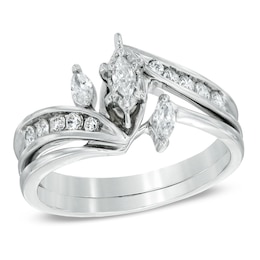 1/2 CT. T.W. Marquise Diamond Three Stone Slant Bridal Set in 10K White Gold