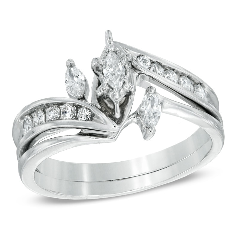 Main Image 1 of 1/2 CT. T.W. Marquise Diamond Three Stone Slant Bridal Set in 10K White Gold