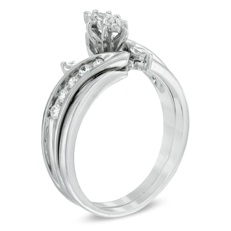 1/2 CT. T.W. Marquise Diamond Three Stone Slant Bridal Set in 10K White Gold