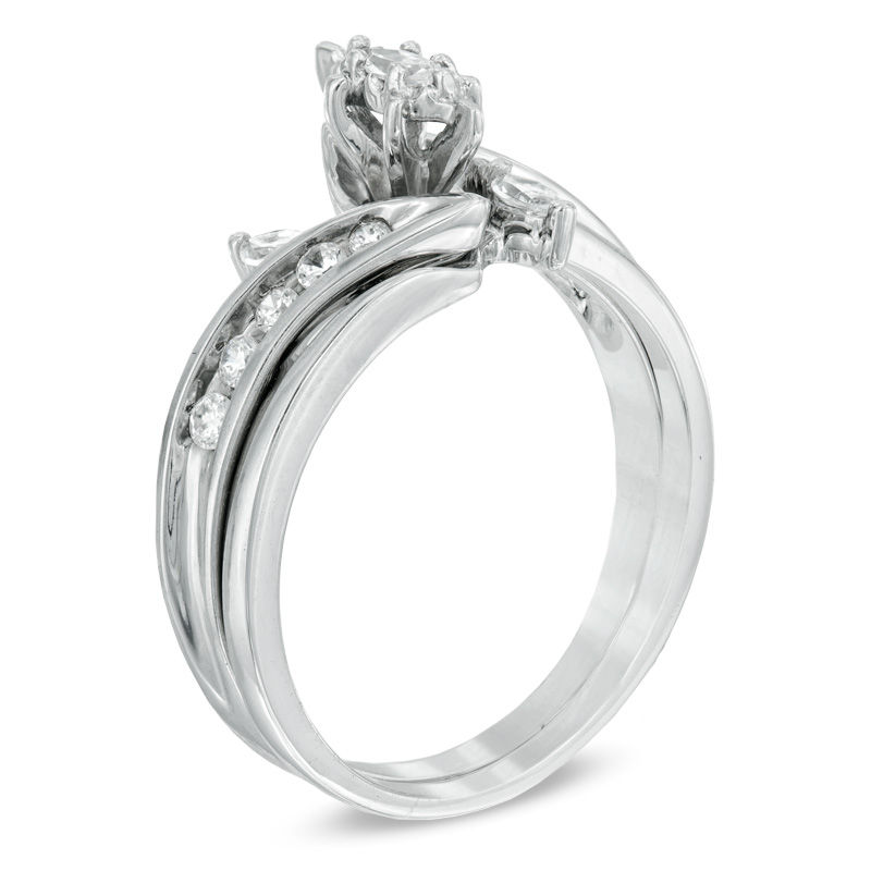 Main Image 2 of 1/2 CT. T.W. Marquise Diamond Three Stone Slant Bridal Set in 10K White Gold