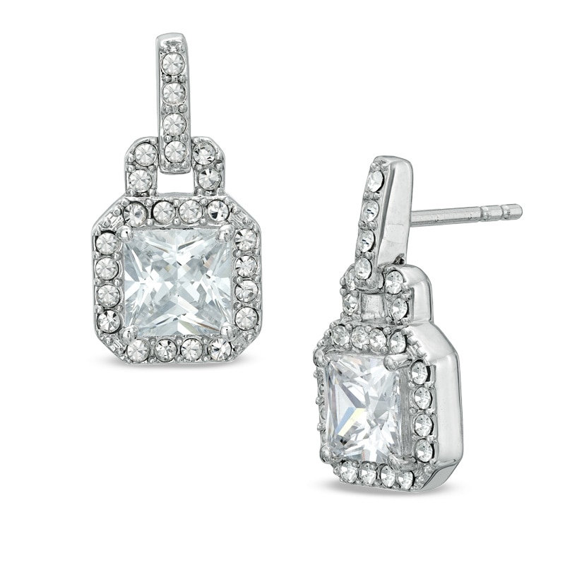 Main Image 1 of 6.0mm Square-Cut Cubic Zirconia and Crystal Door-Knocker Earrings in White Rhodium Brass