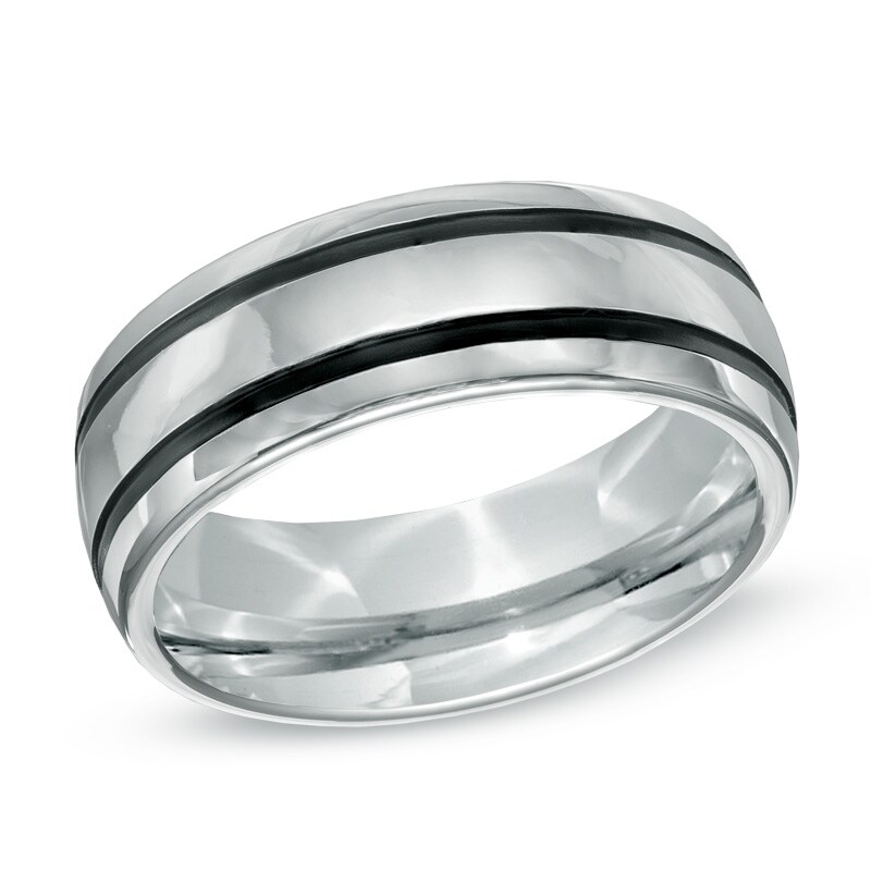 Main Image 1 of Triton 8.0mm Black Grooved Comfort Fit Wedding Band in White Tungsten - Size 10