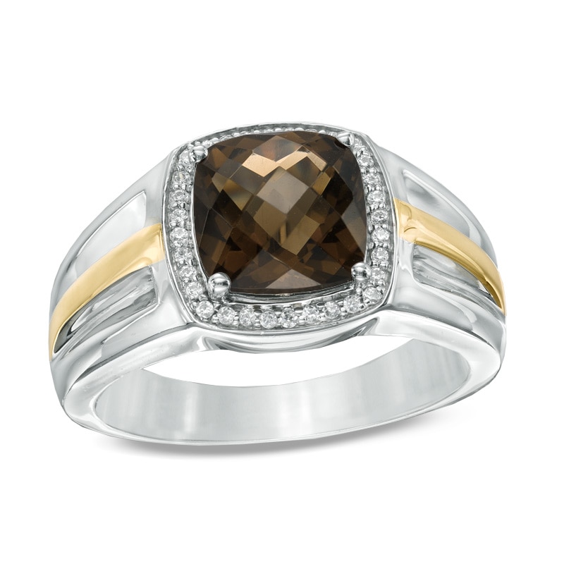 Main Image 1 of 9.0mm Cushion-Cut Smoky Quartz and 1/10 CT. T.W. Diamond Ring in 10K Two-Tone Gold