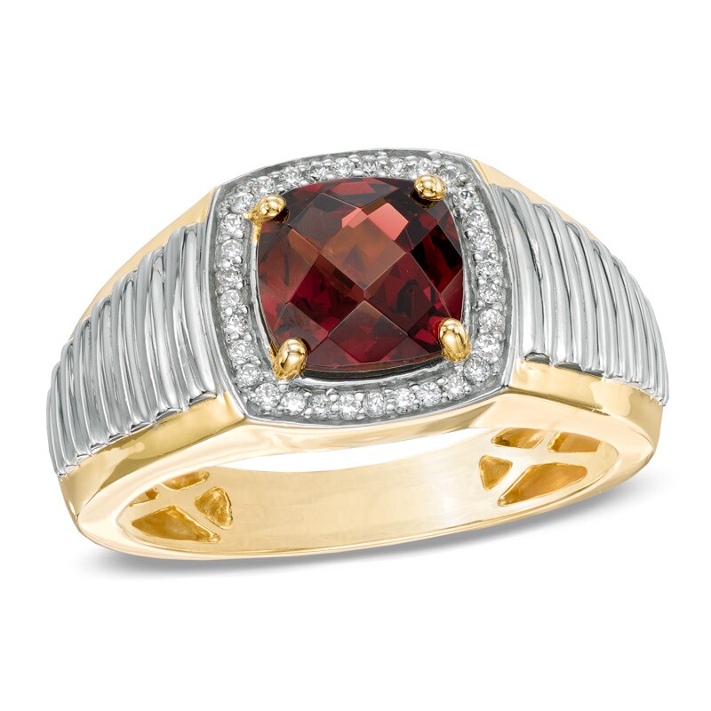 Main Image 1 of Men's 8.0mm Cushion-Cut Garnet and 1/10 CT. T.W. Diamond Ring in 10K Two-Tone Gold