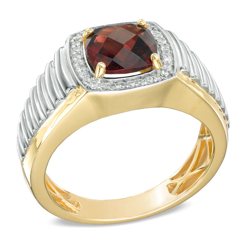 Main Image 2 of Men's 8.0mm Cushion-Cut Garnet and 1/10 CT. T.W. Diamond Ring in 10K Two-Tone Gold
