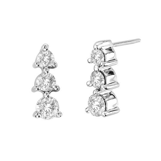 7 8 Ct T W Diamond Linear Three Stone Drop Earrings In 14k White T W Diamond Linear Three Stone Drop Earrings In 14k White Gold