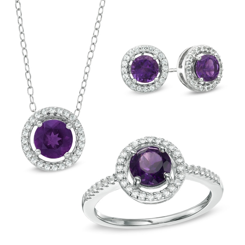 Amethyst and Lab-Created White Sapphire Frame Pendant, Ring and Earrings Set in Sterling Silver - Size 7