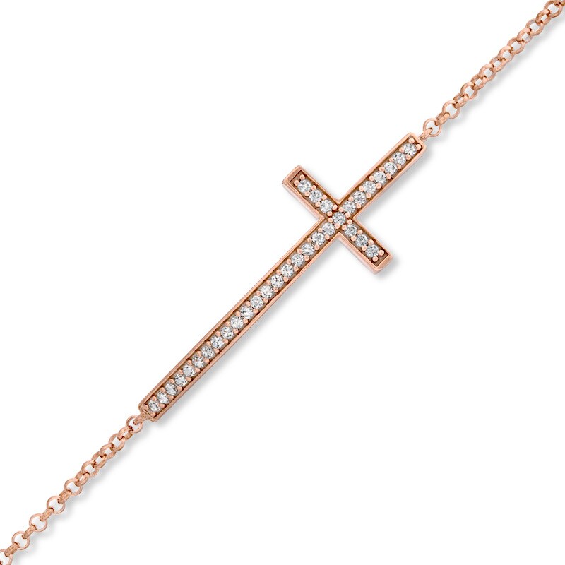 Main Image 1 of Lab-Created White Sapphire Sideways Cross Bracelet in Sterling Silver with 14K Rose Gold Plate - 7.25"