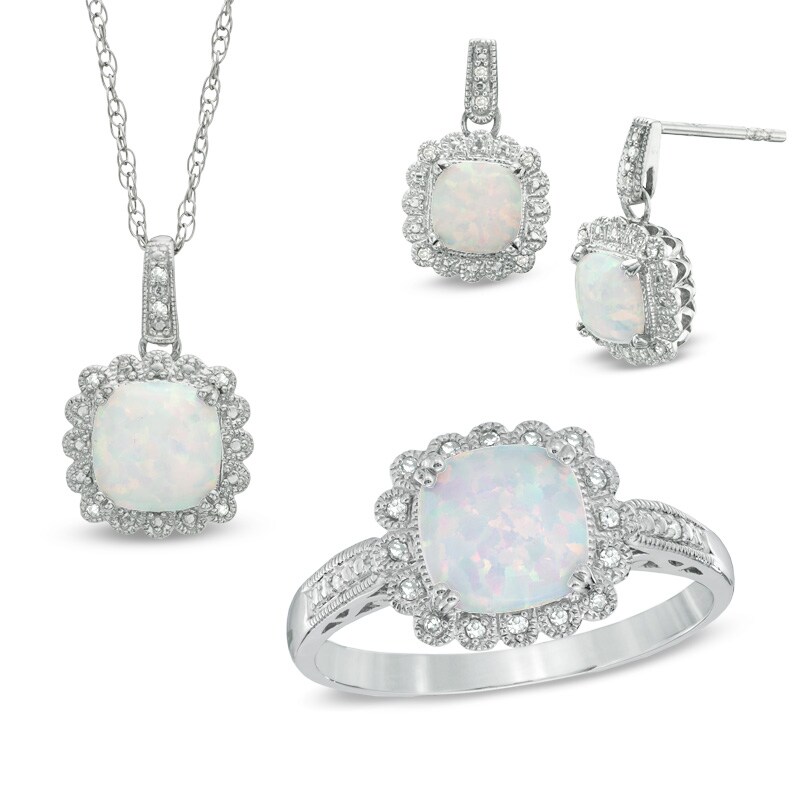 Main Image 1 of Cushion-Cut Lab-Created Opal and 1/10 CT. T.W. Diamond Pendant, Ring and Earrings Set in Sterling Silver - Size 7