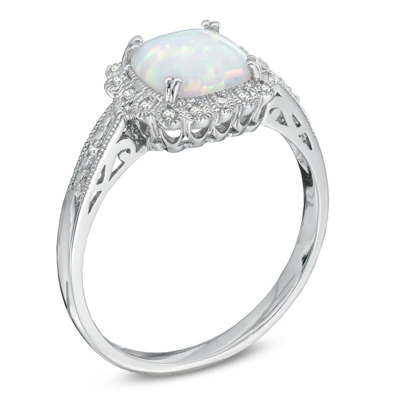 Main Image 2 of Cushion-Cut Lab-Created Opal and 1/10 CT. T.W. Diamond Pendant, Ring and Earrings Set in Sterling Silver - Size 7