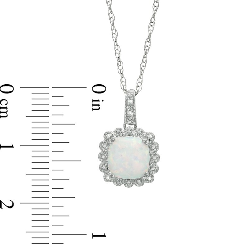 Main Image 3 of Cushion-Cut Lab-Created Opal and 1/10 CT. T.W. Diamond Pendant, Ring and Earrings Set in Sterling Silver - Size 7