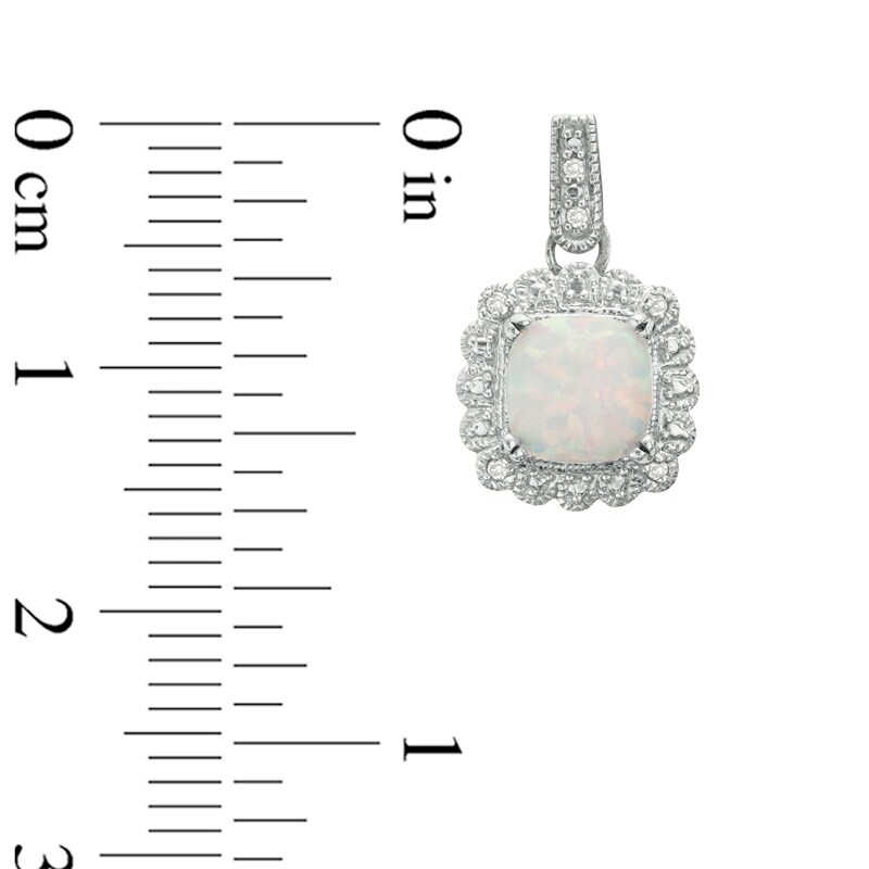 Main Image 4 of Cushion-Cut Lab-Created Opal and 1/10 CT. T.W. Diamond Pendant, Ring and Earrings Set in Sterling Silver - Size 7