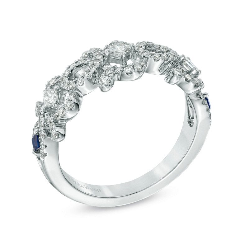 Vera Wang Love Collection 1/2 CT. T.W. Diamond and Blue Sapphire Curlique Band in 14K White Gold
