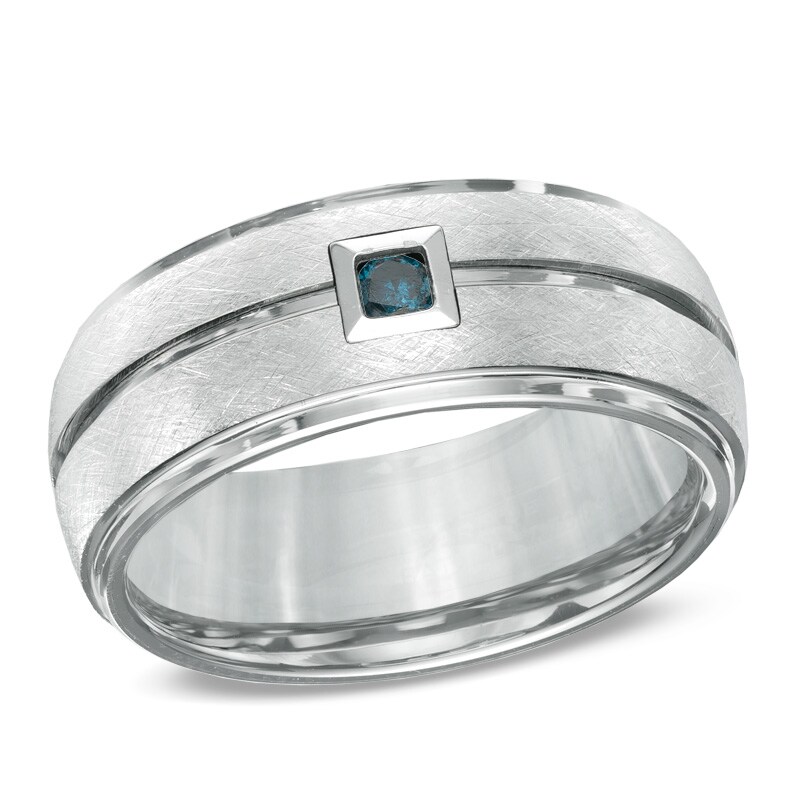 Main Image 1 of Triton 1/10 CT. Enhanced Blue Diamond Comfort Fit Wedding Band in White Tungsten - Size 10