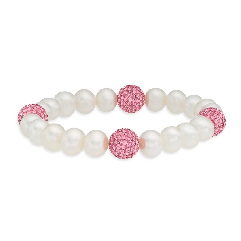 Main Image 1 of 8.0-9.0mm Freshwater Cultured Pearl and Pink Crystal Bead Stretch Bracelet-7.25"