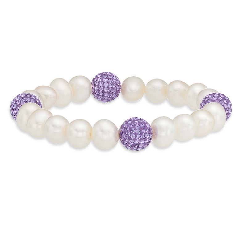 Main Image 1 of 8.0-9.0mm Freshwater Cultured Pearl and Purple Crystal Bead Stretch Bracelet-7.25"