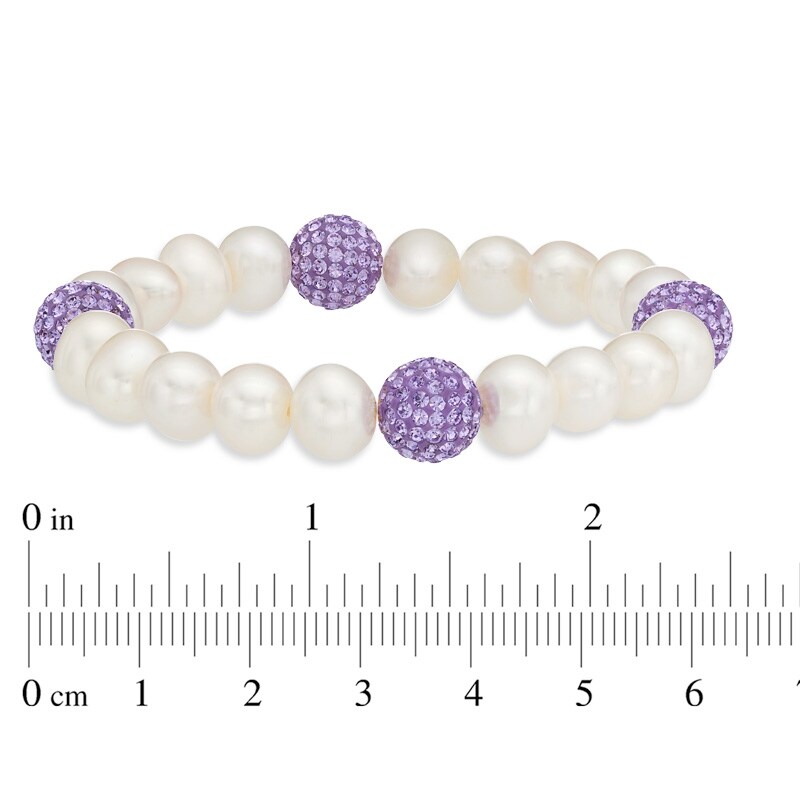 Main Image 2 of 8.0-9.0mm Freshwater Cultured Pearl and Purple Crystal Bead Stretch Bracelet-7.25"