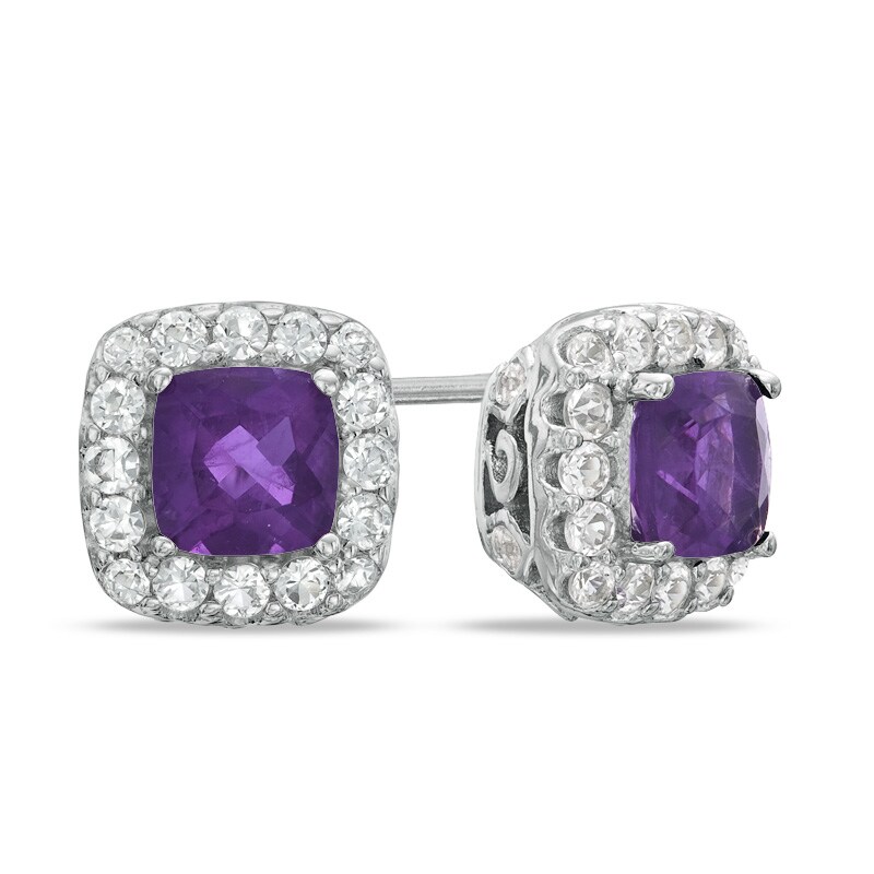 5.0mm Cushion-Cut Amethyst and Lab-Created White Sapphire Frame Stud Earrings in Sterling Silver