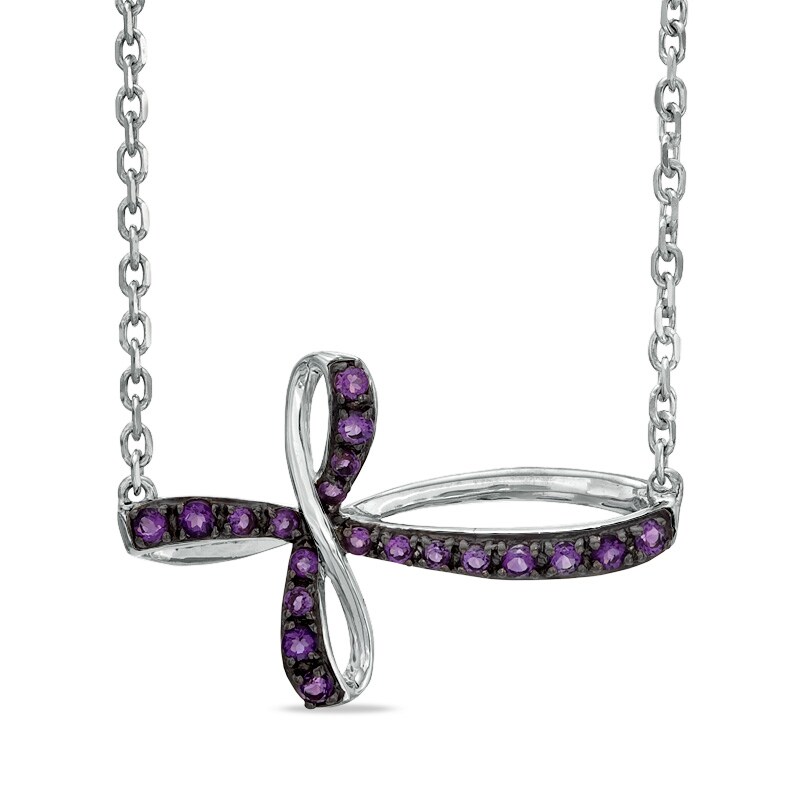 Main Image 1 of Amethyst Sideways Loop Cross Necklace in Sterling Silver