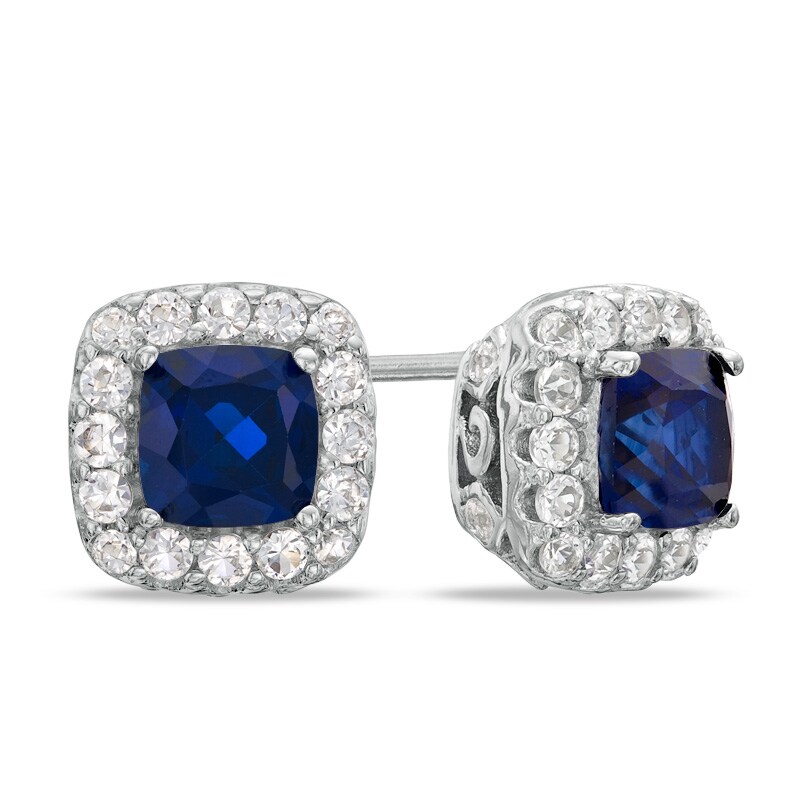 Main Image 1 of 5.0mm Cushion-Cut Lab-Created Blue and White Sapphire Frame Stud Earrings in Sterling Silver
