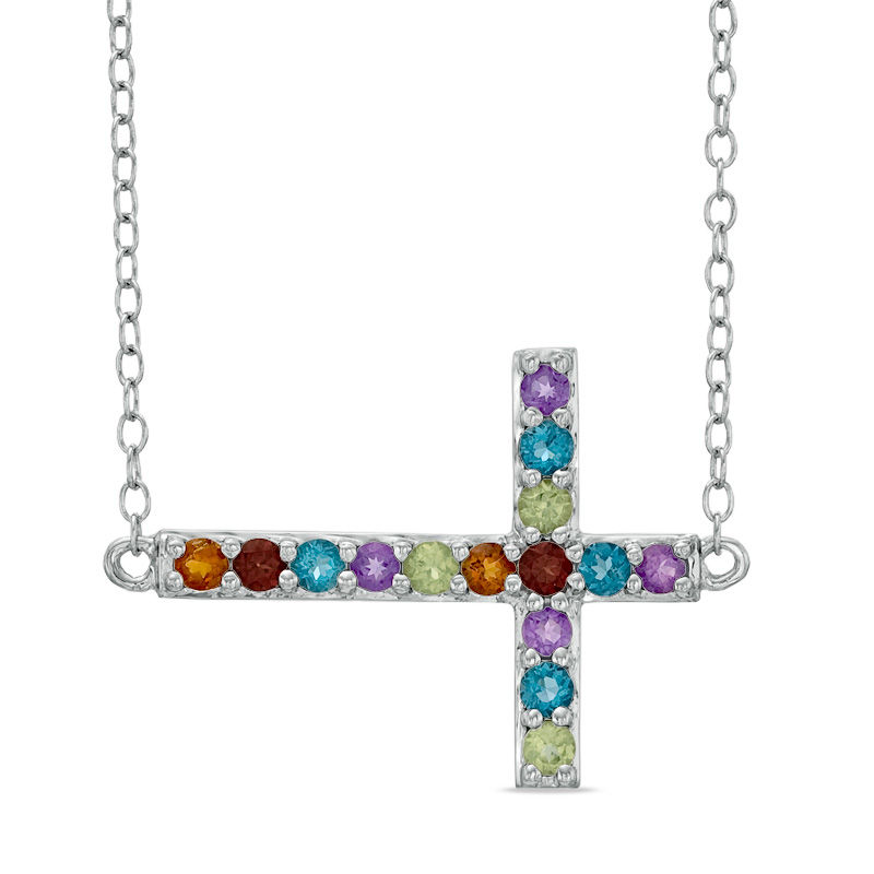 Main Image 1 of Multi-Gemstone Sideways Cross Necklace in Sterling Silver