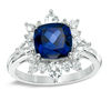 Thumbnail Image 0 of 8.0mm Cushion-Cut Lab-Created Blue and White Sapphire Starburst Ring in Sterling Silver