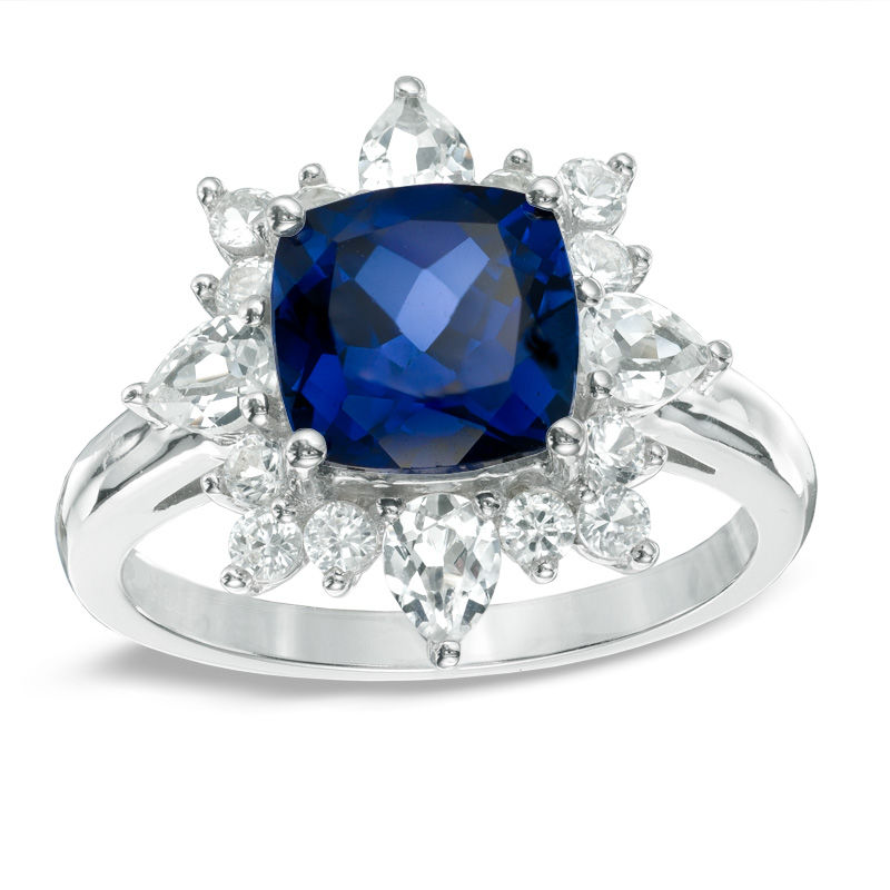 8.0mm Cushion-Cut Lab-Created Blue and White Sapphire Starburst Ring in Sterling Silver