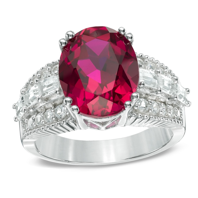 Main Image 1 of Oval Lab-Created Ruby and White Sapphire Ring in Sterling Silver