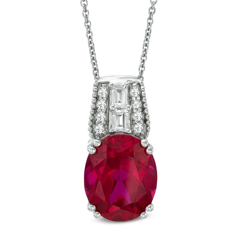 Main Image 1 of Oval Lab-Created Ruby and White Sapphire Pendant in Sterling Silver
