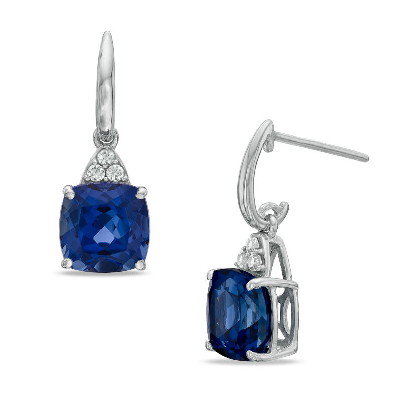 Main Image 1 of 8.0mm Cushion-Cut Lab-Created Blue and White Sapphire Drop Earrings in 10K White Gold