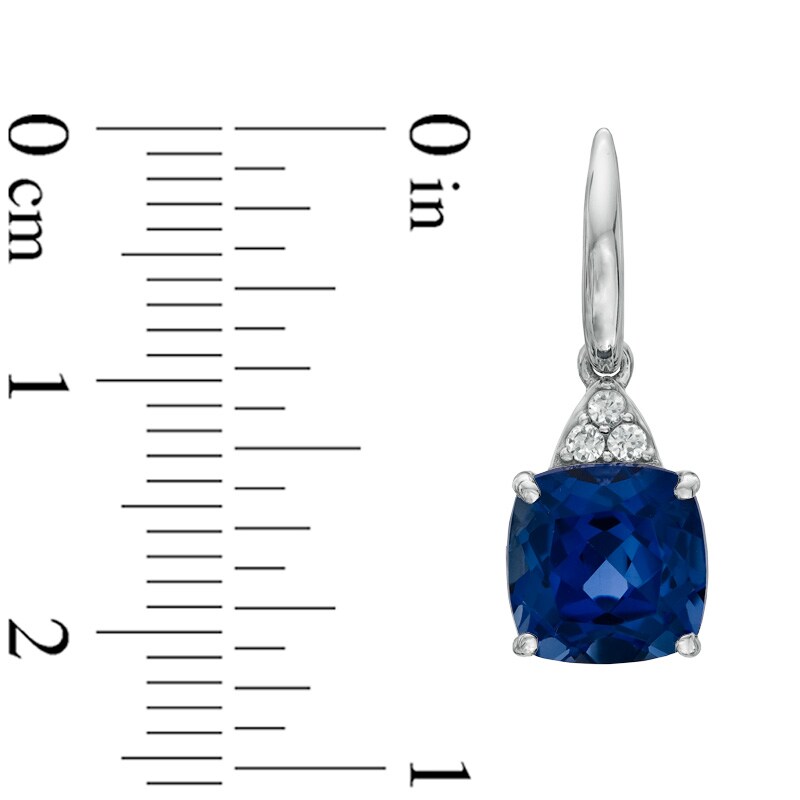Main Image 2 of 8.0mm Cushion-Cut Lab-Created Blue and White Sapphire Drop Earrings in 10K White Gold