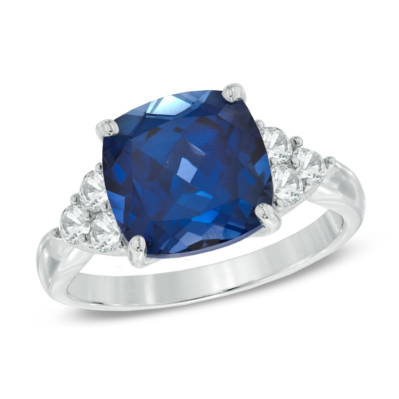 Main Image 1 of 10.0mm Cushion-Cut Lab-Created Blue and White Sapphire Ring in 10K White Gold