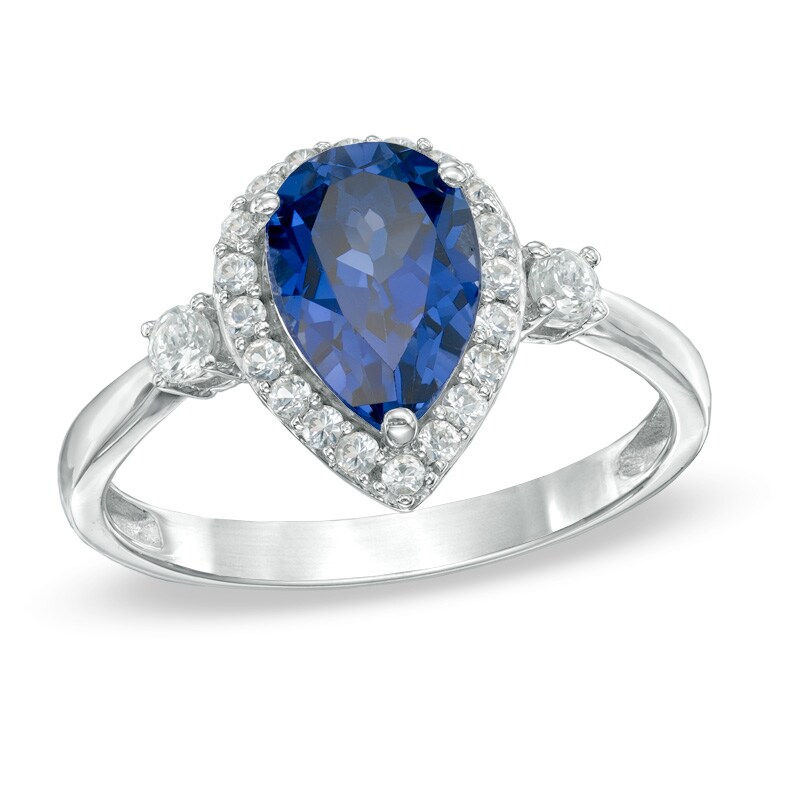 Main Image 1 of Pear-Shaped Lab-Created Blue and White Sapphire Frame Ring in 10K White Gold