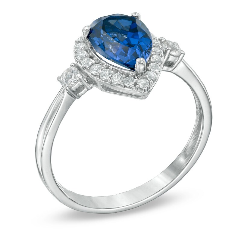 Main Image 2 of Pear-Shaped Lab-Created Blue and White Sapphire Frame Ring in 10K White Gold