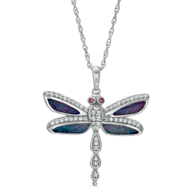 Main Image 1 of Opal, Garnet and Lab-Created White Sapphire Dragonfly Pendant in Sterling Silver