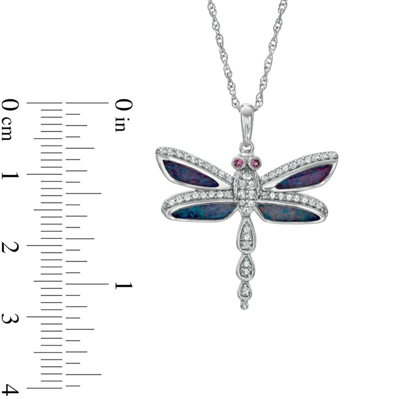 Main Image 2 of Opal, Garnet and Lab-Created White Sapphire Dragonfly Pendant in Sterling Silver