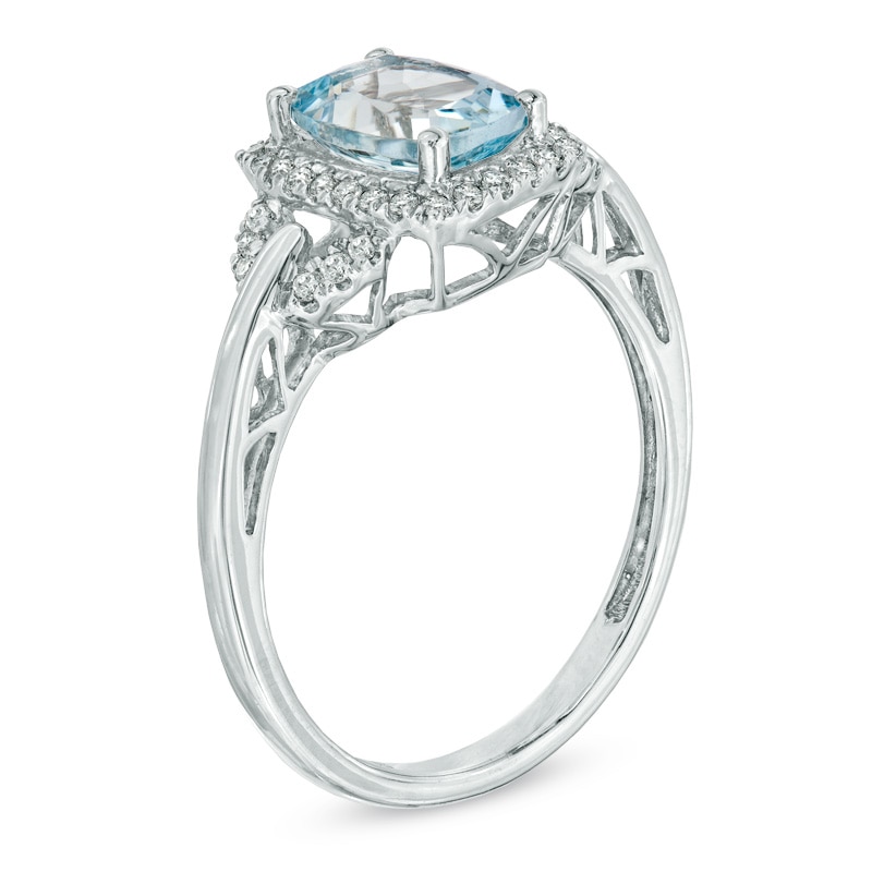 Main Image 2 of Cushion-Cut Aquamarine and 1/6 CT. T.W. Diamond Ring in 10K White Gold